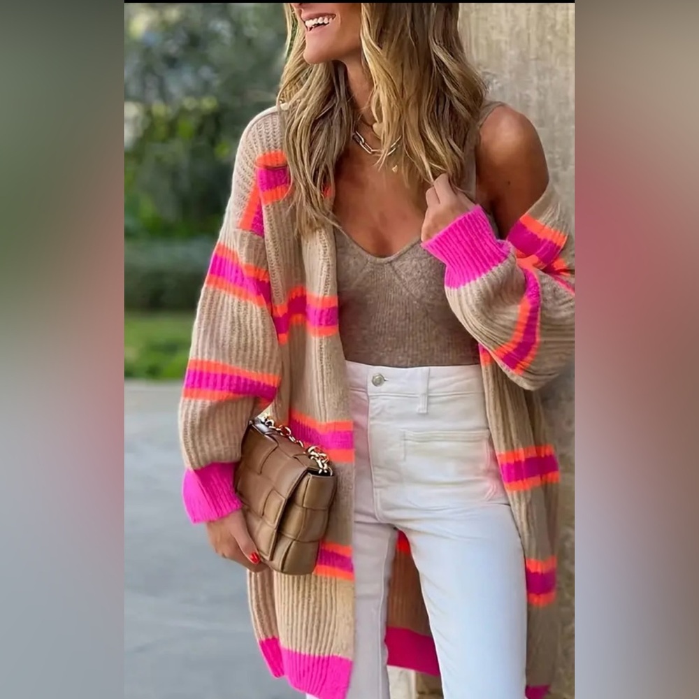 Vibrant Pink and Tan Striped Women's cardigan